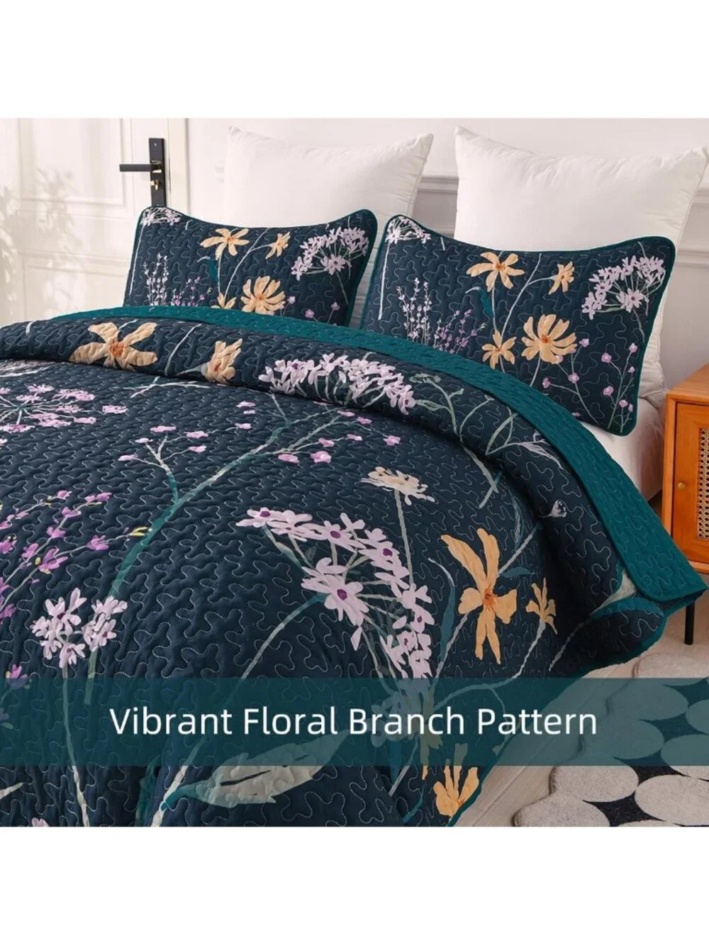 King Size Floral Quilt Set - Dark Green Botanical Bedspread for Cozy Bedrooms